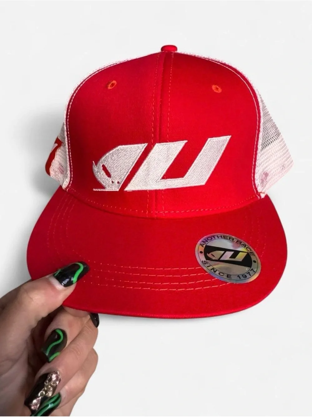 Red Trucker Snapback Hat with White Logo - men’s